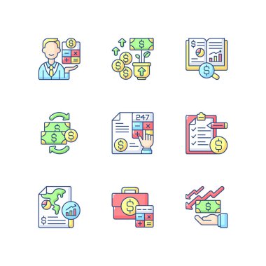Muhasebe RGB renk simgeleri ayarlandı. Belirli bir zaman diliminde şirket ve ticari işlemler yönetimi. İzole vektör çizimleri