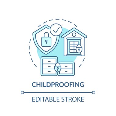 Çocuk korumalı turkuaz konsept ikonu. Bebek korumalı ev. Çocuklar için güvenli bir ev, bebek, bebek. Çocuk güvenliği fikri ince çizgi çizimi. Vektör izole edilmiş RGB renk çizimi. Düzenlenebilir vuruş