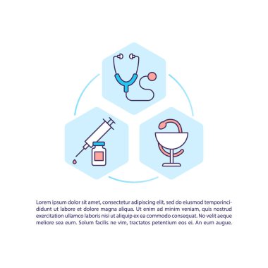 Metinli sağlık hizmeti konsepti ikonu. Sağlık hizmetleri. Enjeksiyon prosedürleri. İlaç, terapi. PPT sayfa vektör şablonu. Broşür, dergi, kitapçık tasarım ögesi doğrusal çizimler
