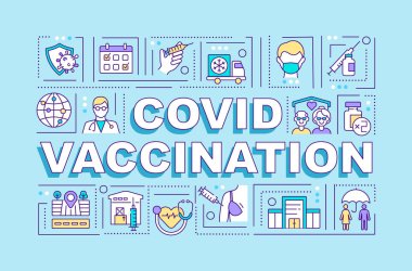 Kapsamlı aşı kelimesi sancak kavramını içeriyor. Hastalıklara karşı kazanılmış dokunulmazlık. Mavi arkaplanda doğrusal simgeleri olan bilgi grafikleri. İzole tipografi. Vektör çizgisi RGB renk çizimi