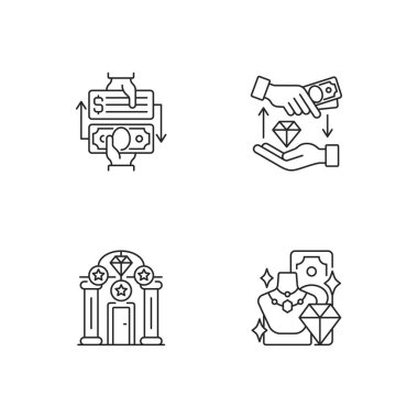 Teminat bazlı krediler doğrusal simgeler ayarlandı. Rehinci. Teminat. Piyon sembolü. Uzatma. Özelleştirilebilir ince çizgi şekilleri. İzole vektör çizimi çizimleri. Düzenlenebilir vuruş