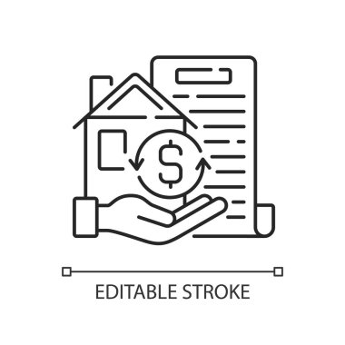 İkincil doğrusal simge. Kredi geri ödemesi için güvenlik. Gayrimenkul, varlık formu. Değerli bir mülk. İnce çizgi özelleştirilebilir illüstrasyon. Contour sembolü. Vektör izole çizim. Düzenlenebilir vuruş