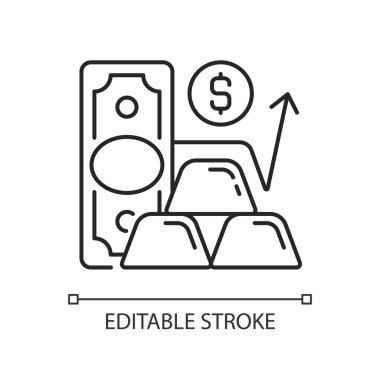 Altın fiyatlı doğrusal simge. Piyasa değeri hesaplanıyor. Altın saflığı tesis etmek. Metal nokta fiyatı. İnce çizgi özelleştirilebilir illüstrasyon. Contour sembolü. Vektör izole çizim. Düzenlenebilir vuruş