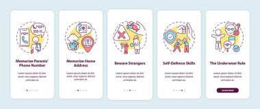 Mobil uygulama sayfası ekranında konseptli çocuk güvenliği. Nefsi müdafaa. Çocuk koruma programı 5 aşamalı grafik talimatlar içeriyor. RGB renk resimleriyle UI vektör şablonu