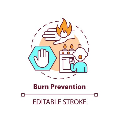 Yanık önleme konsepti simgesi. Çocuk zarar görmesin diye. Yangın tehlikesi önlemi. Çocuk güvenliği fikri ince çizgi çizimi. Vektör izole edilmiş RGB renk çizimi. Düzenlenebilir vuruş