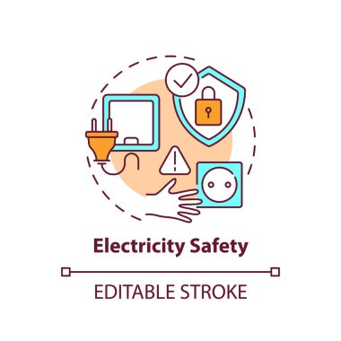 Elektrik güvenliği konsepti ikonu. Evdeki elektrik tehlikesi. Evde çocuk korumalı. Çocuk güvenliği fikri ince çizgi çizimi. Vektör izole edilmiş RGB renk çizimi. Düzenlenebilir vuruş