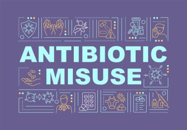 Antibiotic misuse word concepts banner. Inappropriate treating. Antibiotic overdose. Infographics with linear icons on purple background. Isolated typography. Vector outline RGB color illustration clipart