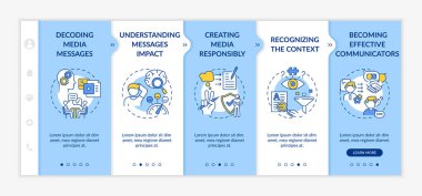 Medya bilgisi elemanları vektör şablonunda. Medya iletisi deşifre ediliyor. Bağlam tanımlanıyor. Simgeli ilgili mobil web sitesi. Web sayfası basamak ekranları. RGB renk kavramı