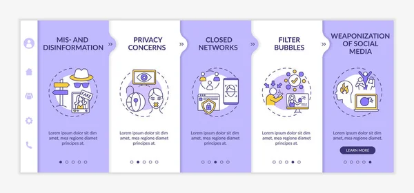社会媒体对记者入职矢量模板的挑战 假情报封闭网络 具有图标的反应灵敏的移动网站 Web Page Walkthrough Step Screens Rgb色彩概念 — 图库矢量图片