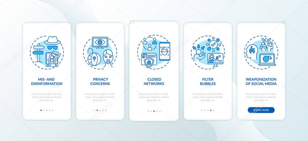 Journalism challenges onboarding mobile app page screen with concepts. Misinformation, privacy concerns walkthrough 5 steps graphic instructions. UI vector template with RGB color illustrations