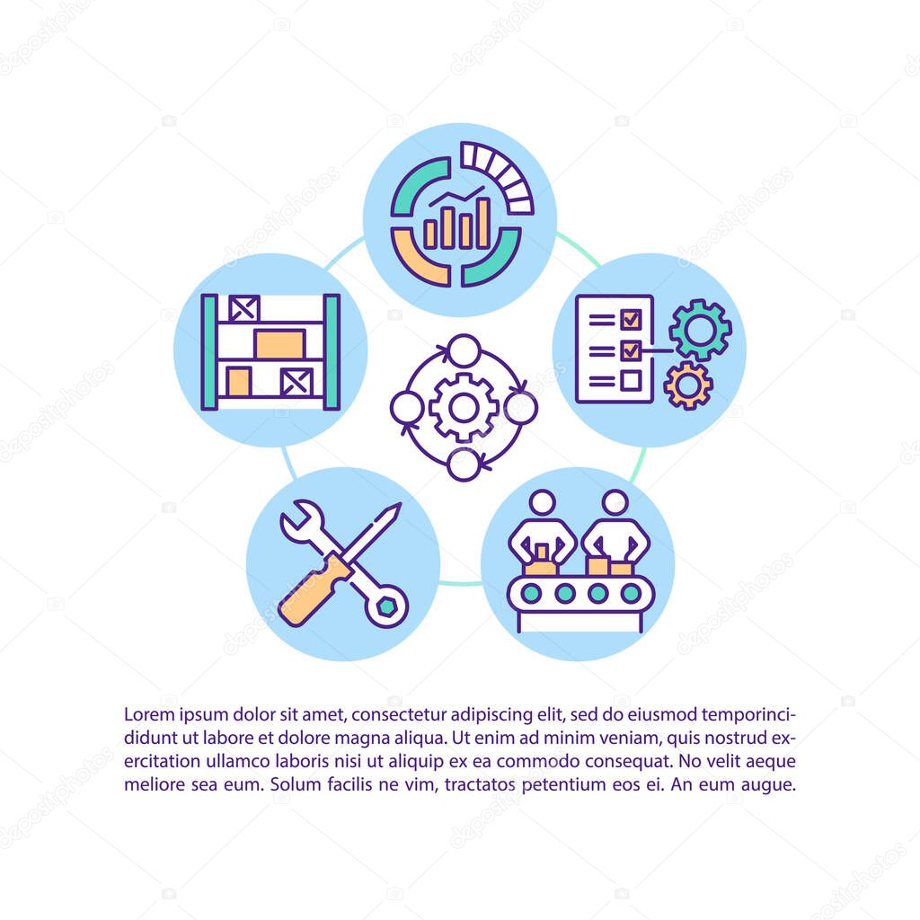 Industrial operating and factory organization concept icon with text. Business service PPT page vector template. Brochure, magazine, booklet design element with linear illustrations