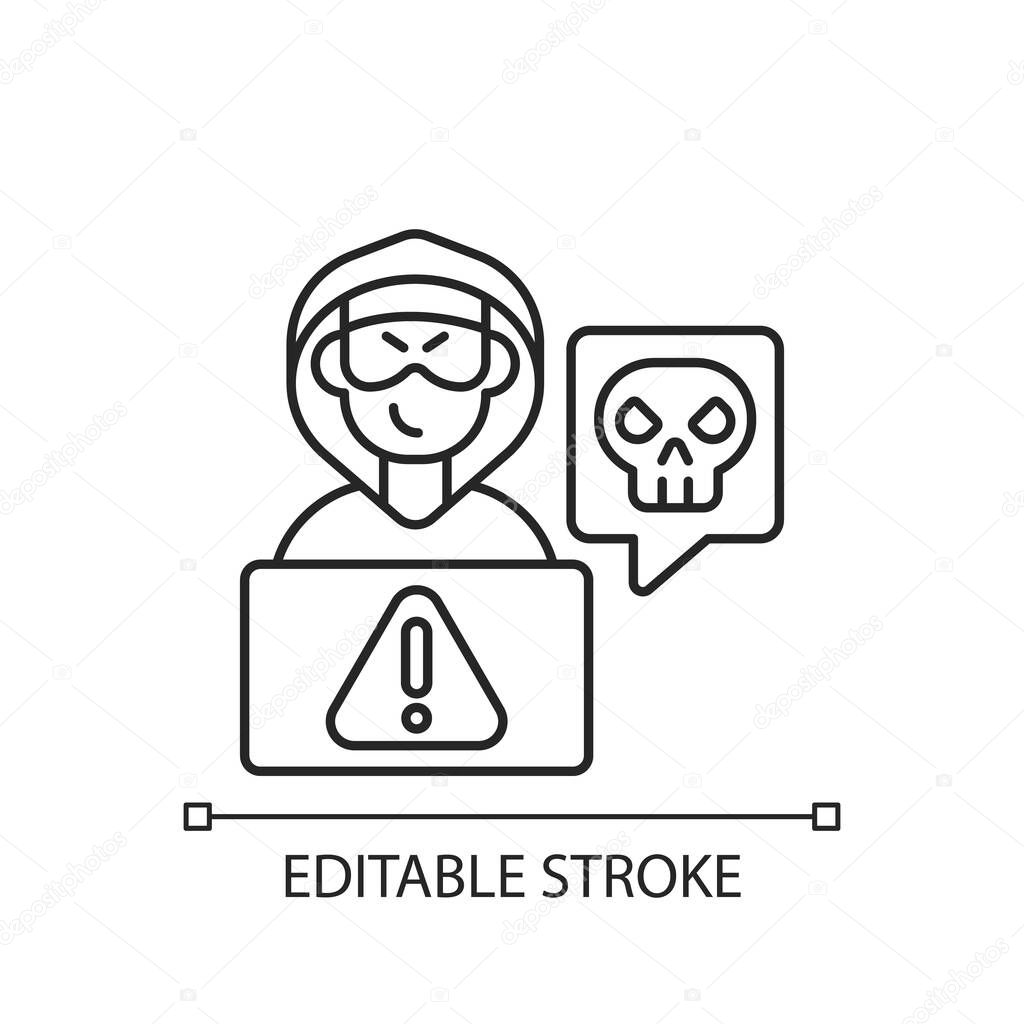 Cyberstalking linear icon. Stalking online from anonymous person. Online hate. Thin line customizable illustration. Contour symbol. Vector isolated outline drawing. Editable stroke