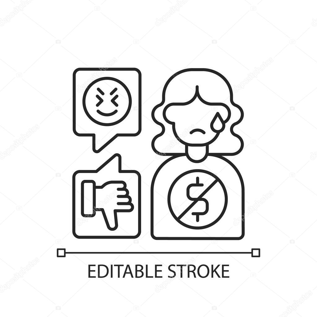 Financial cyberbullying linear icon. Bullying woman with no money. Abusive relationship. Thin line customizable illustration. Contour symbol. Vector isolated outline drawing. Editable stroke