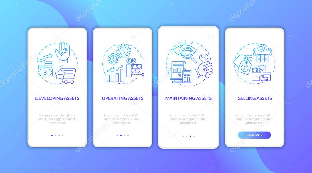Investment management parts onboarding mobile app page screen with concepts. Operating, maintaining assets walkthrough 4 steps graphic instructions. UI vector template with RGB color illustrations