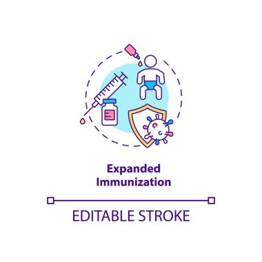 Genişletilmiş bağışıklık konsepti ikonu. En iyi uluslararası sağlık programları. Özel sağlık programı. Klinik fikir ince çizgi çizimi. Vektör izole edilmiş RGB renk çizimi. Düzenlenebilir vuruş