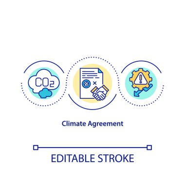 Climate agreement concept icon. Global warming impact idea thin line illustration. Climate justice problem. Vector isolated outline RGB color drawing. Climate change policy. Editable stroke clipart