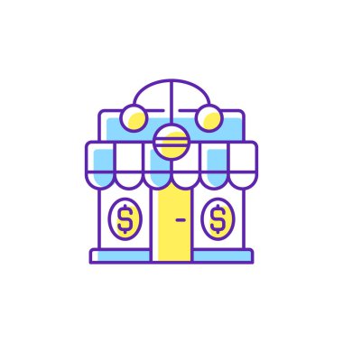 Rehinci RGB renk simgesi. Borç para işi. Teminat bazlı krediler. Perakende ürünleri yeniden satılıyor. Kişisel eşyalar bırakarak. Borç olarak faiz ödüyorum. İzole vektör illüstrasyonu