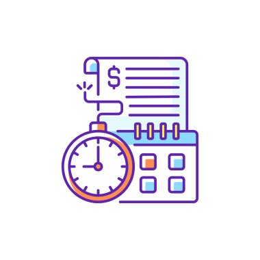 RGB renk simgesi için zaman sınırı. Belirtilen tarihe göre ödeniyor. Dönem uzunluğuna göre borçlar. Aylık ödemeler. Faiz maliyetleri. Cezalar ve faiz ödemeleri. Zaman kredisi şartları. İzole vektör illüstrasyonu