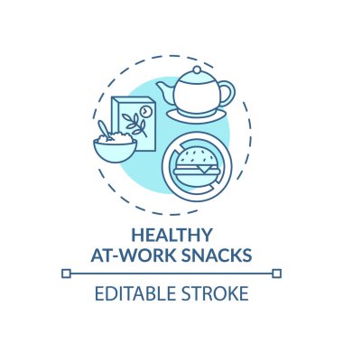 İş yerinde sağlıklı atıştırmalık konsepti. İş yeri sağlığı örneği ince çizgi çizimi. Besin zengini gıdalar. Yüksek kolesterolle savaş. Vektör izole edilmiş RGB renk çizimi. Düzenlenebilir vuruş