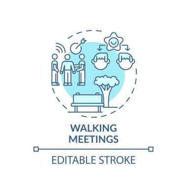Yürüyen toplantılar konsepti ikonu. İş yeri sağlık fikri ince çizgi çizimi. Ofis kesintileri sıklığı azalıyor. Fiziksel aktivite. Vektör izole edilmiş RGB renk çizimi. Düzenlenebilir vuruş