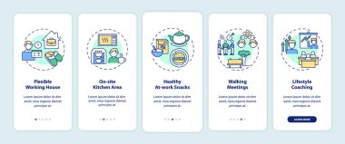 İş yeri sağlık örnekleri kavramlı mobil uygulama sayfası ekranında. Yürüyüş toplantıları, sağlıklı atıştırmalıklar 5 adımlık grafiksel talimatlar. RGB renk resimleriyle UI vektör şablonu