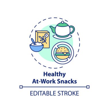 İş yerinde sağlıklı atıştırmalık konsepti. İş yeri sağlığı örneği ince çizgi çizimi. Açlığı azalıyor. Yulaf ve yüksek lifli müsli. Vektör izole edilmiş RGB renk çizimi. Düzenlenebilir vuruş