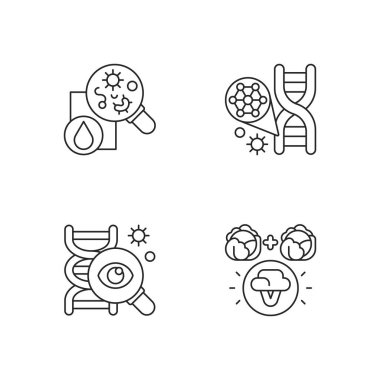 Mikrobiyoloji doğrusal simgeler ayarlandı. Genetik mühendisliği. DNA yapısı. Seçici üreme. Genetik araştırma. Özelleştirilebilir ince çizgi şekilleri. İzole vektör çizimi çizimleri. Düzenlenebilir vuruş