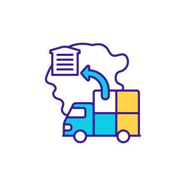 Kamyon RGB renk ikonuyla kargo teslimatı. Yük teslimatı. Uluslararası sipariş sevkiyatı. Depo yönetimi. İş idaresi, perakende hizmeti. İzole vektör illüstrasyonu