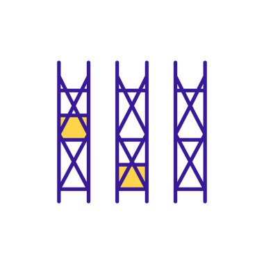 Depo dikey rafları RGB renk simgesi. Malzeme deposu. Fabrika uzay organizasyonu. Depo yönetimi. İş idaresi, perakende hizmeti. İzole vektör illüstrasyonu