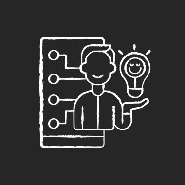 Duygusal tasarım siyah arkaplanda beyaz tebeşir simgesi. Pozitif kullanıcı deneyimi ve tatmini. Yazılım geliştirme. Web sitesi yapısı. İlgili program. İzole edilmiş vektör karatahta çizimi