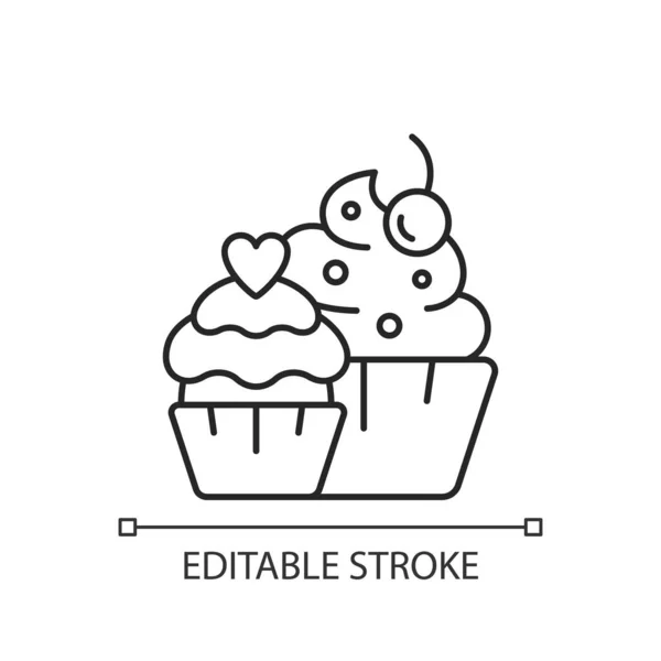 マフィンズ リニア アイコン アイシングとスプリンクル付きカップケーキ パーティーのためのお菓子 細い線のカスタマイズ可能なイラスト 輪郭のシンボル ベクトル絶縁外形図面 編集可能なストローク — ストックベクタ