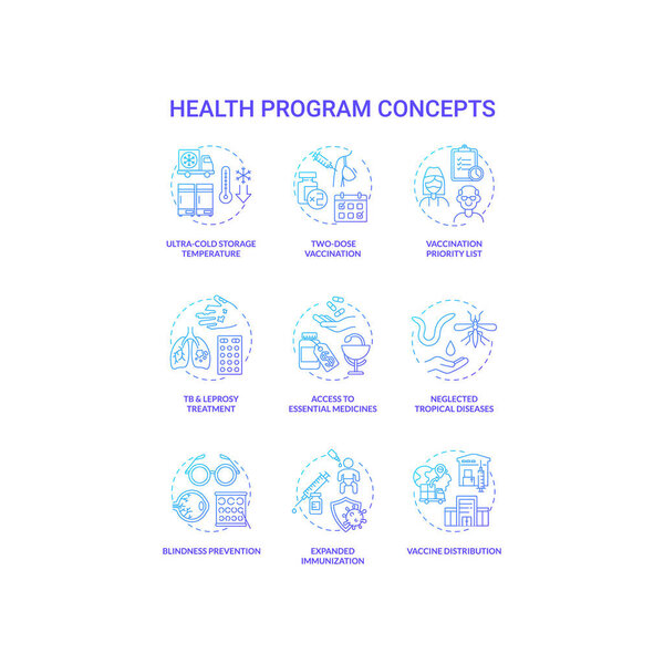 Health program concept icons set. Health programs principles. Covid vaccination. Vaccine distribution worldwide idea thin line RGB color illustrations. Vector isolated outline drawings