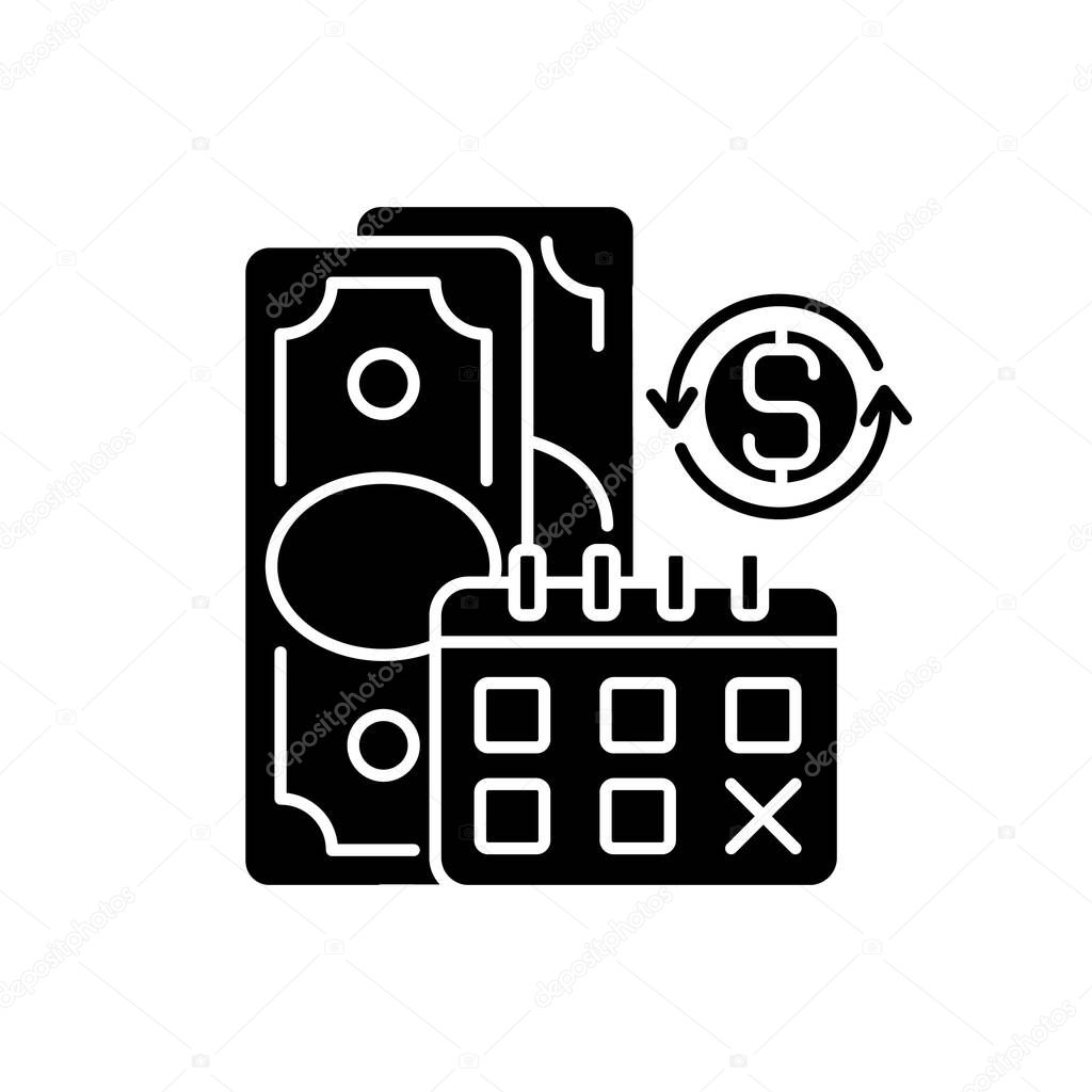 Regular payments black glyph icon. Coverage term. Determined interval. Recurring payment. Debt satisfying. Credit contracts. Silhouette symbol on white space. Vector isolated illustration