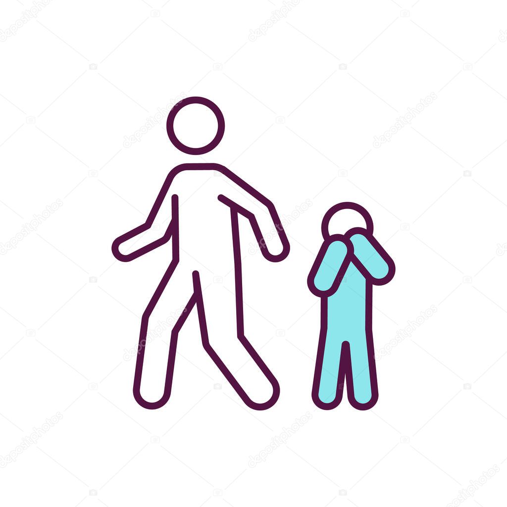 Child neglect RGB color icon. Avoidant parent. Poor family. Upset kid. Sad children. Irresponsible adult. Child maltreatment. Domestic abuse. Father, mother ignore son. Isolated vector illustration