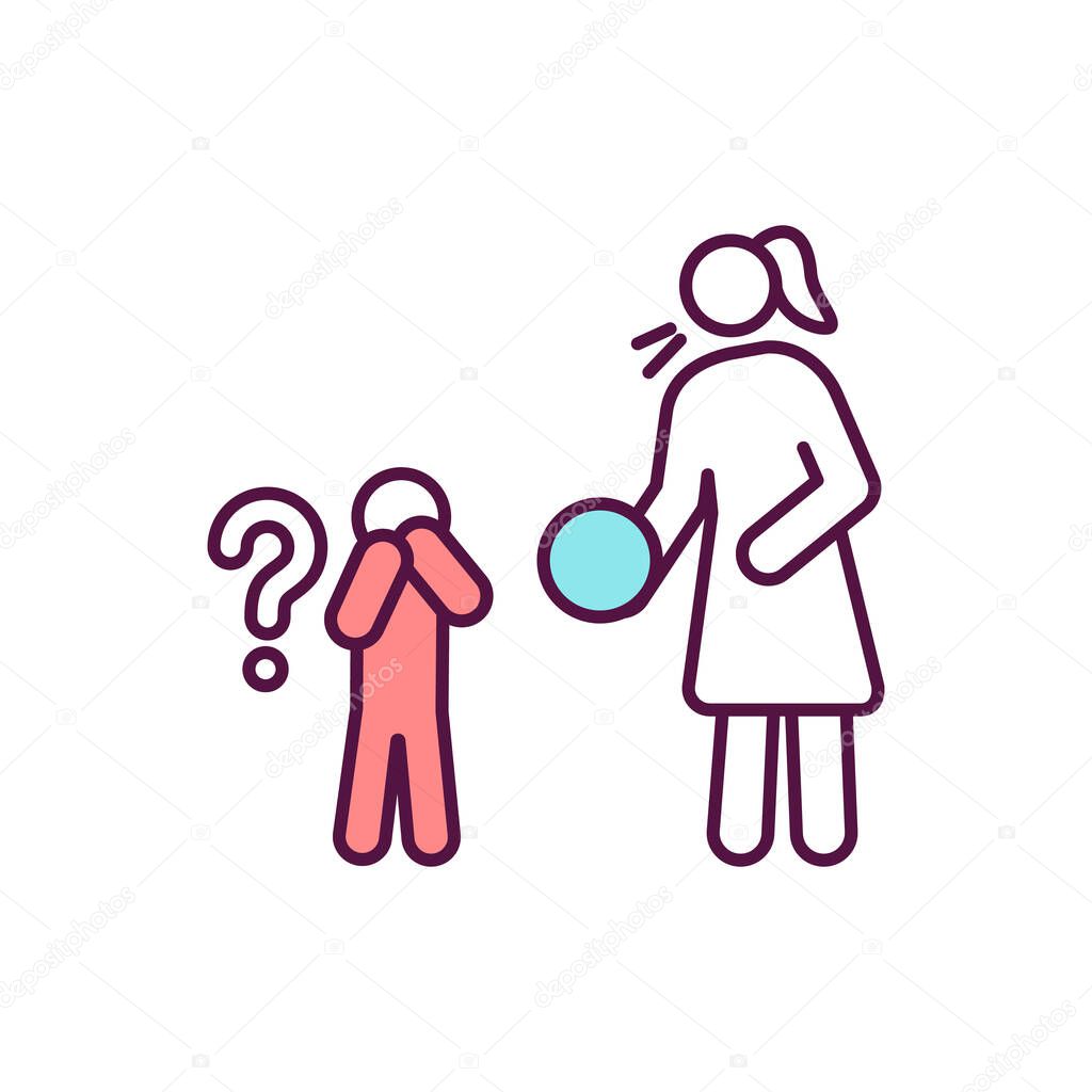 Kid avoid contact with adult RGB color icon. Child refuse game. Social service support for bullied children. Physical abuse sign. Domestic violence symptom. Isolated vector illustration