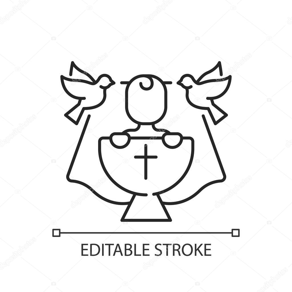 Christening linear icon. Baby baptism. Child christian religious ritual. Tradition for catholic. Thin line customizable illustration. Contour symbol. Vector isolated outline drawing. Editable stroke