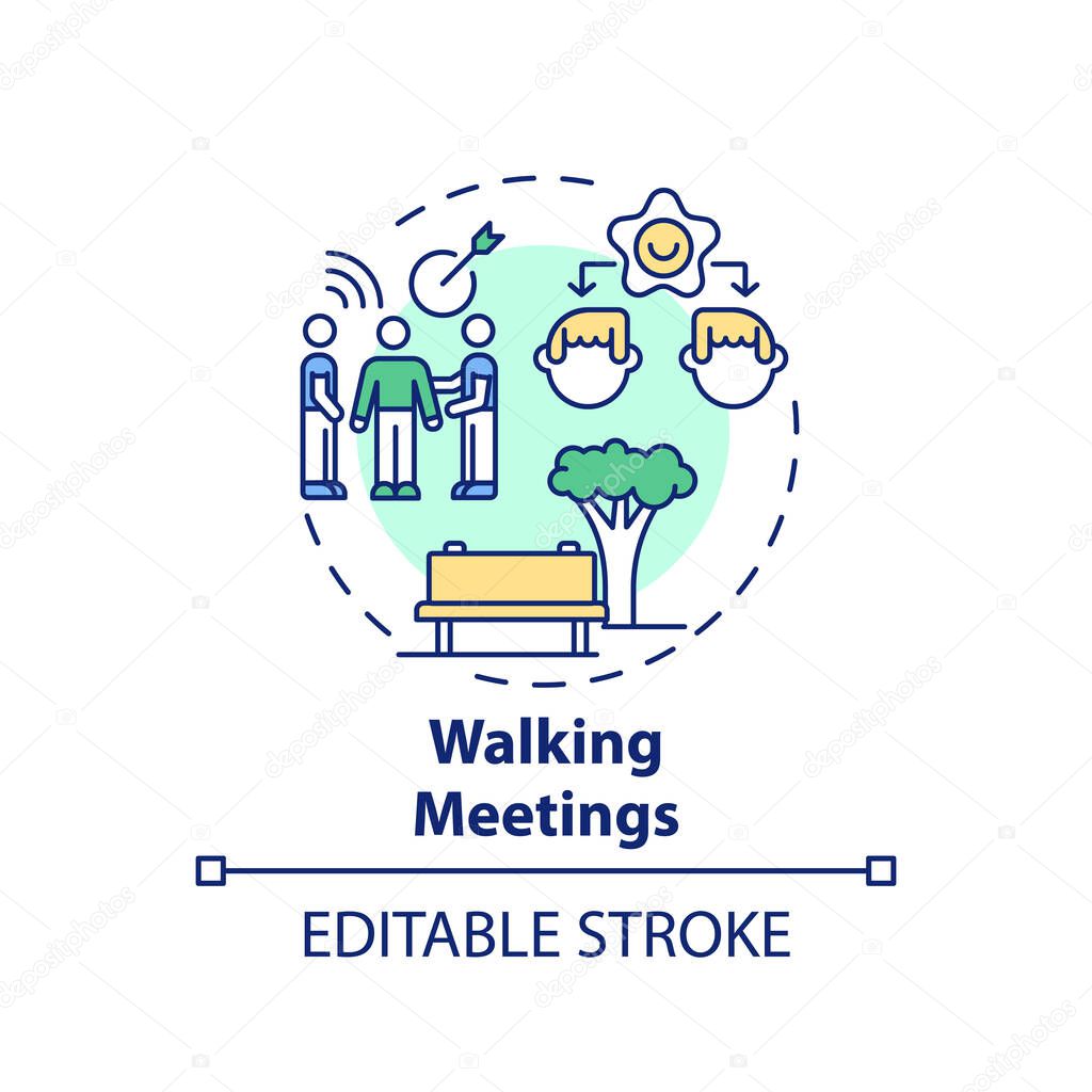 Walking meetings concept icon. Workplace wellness idea thin line illustration. Walking with colleagues. Physical activity integration. Vector isolated outline RGB color drawing. Editable stroke