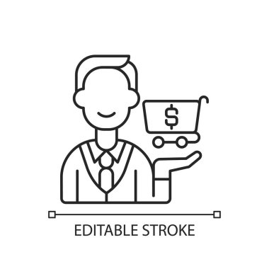 Satın alma departmanı doğrusal simgesi. Mal satın almanın sorumluluğu. Envanter yönetimi. İnce çizgi özelleştirilebilir illüstrasyon. Contour sembolü. Vektör izole çizim. Düzenlenebilir vuruş