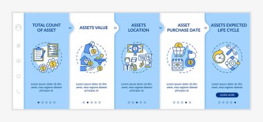 Yatırım envanteri elemanları vektör şablonunda. Mal varlığı değeri ve satın alma tarihi. Beklenen yaşam döngüsü. Simgeli ilgili mobil web sitesi. Web sayfası basamak ekranları. RGB renk kavramı