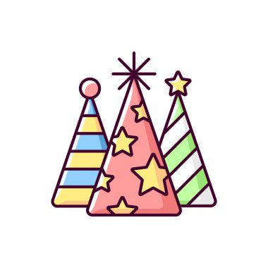 Doğum günü konisi şapkaları RGB renk simgesi. Sürpriz parti için şenlik dekorasyonu. Özel bir olayı kutlayalım. Çocuklar için eğlence ve eğlence. Parti için kağıt başlık. İzole vektör illüstrasyonu