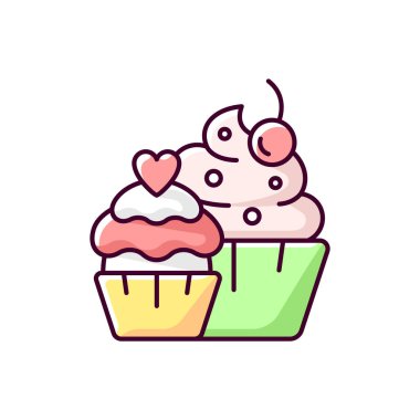 Kekler RGB renk simgesi. Kremalı ve şekerli kekler. Parti için şekerleme. Bebek kutlaması hediyeleri. Doğum günü pastası. Düğün resepsiyonu için tatlılar. İzole vektör illüstrasyonu