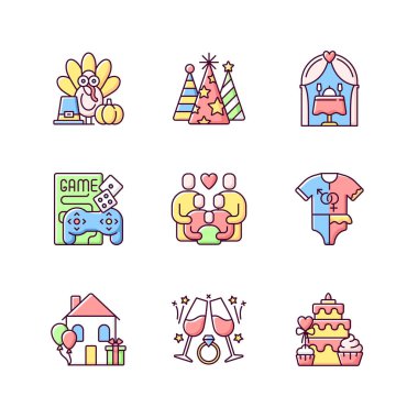 Parti RGB renk simgeleri ayarlandı. Şükran Günü geleneği. Doğum günü konisi şapkaları. Düğün resepsiyonu. Oyun gecesi. Aile toplantısı. Bebek cinsiyeti ortaya çıktı. Mutlu ev kutlamaları. İzole vektör çizimleri