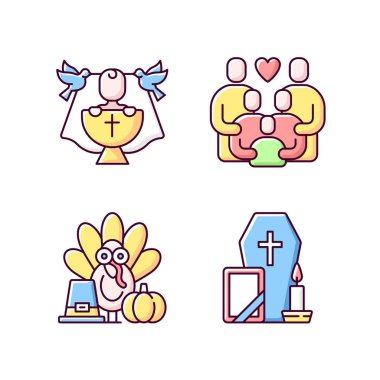 Aile geleneği ve özel durumlar için RGB renk simgeleri seti. Vaftiz töreni, bebek vaftiz töreni. Akrabalar tatil için toplanıyor. Şükran Günü partisi. Cenaze töreni. İzole vektör çizimleri