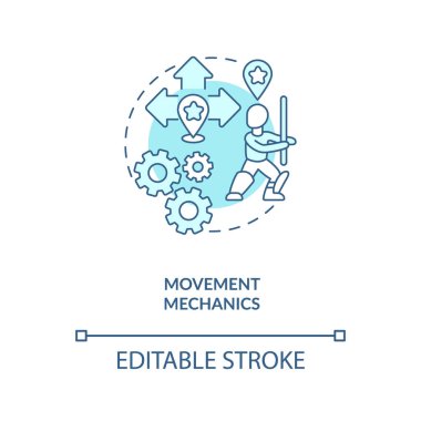 Hareket mekaniği konsepti simgesi. Oyun tasarım sektörü faydaları. Gerçekçi kahramanlık hamleleri yapıyor. Oyun yaratma fikri ince çizgi çizimi. Vektör izole edilmiş RGB renk çizimi. Düzenlenebilir vuruş