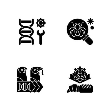 Biyoteknoloji siyah kabartma sembolleri beyaz uzaya ayarlandı. Model organizma. Genetik mühendisliği. Endüstriyel biyoteknoloji. Bilimsel laboratuvar deneyi. Siluet sembolleri. Vektör izole illüstrasyonu