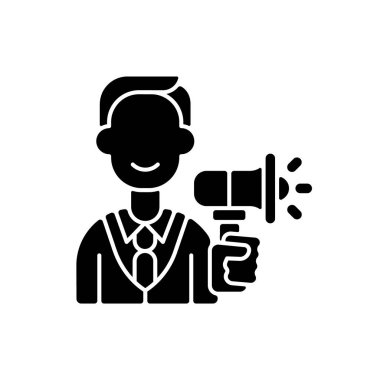 Reklam departmanı siyah simge simgesi. Reklamlar yaratıp idare etmek. Terfi ve pazarlama. Hedef kitle tutumlarını etkiliyor. Beyaz uzayda siluet sembolü. Vektör izole illüstrasyonu