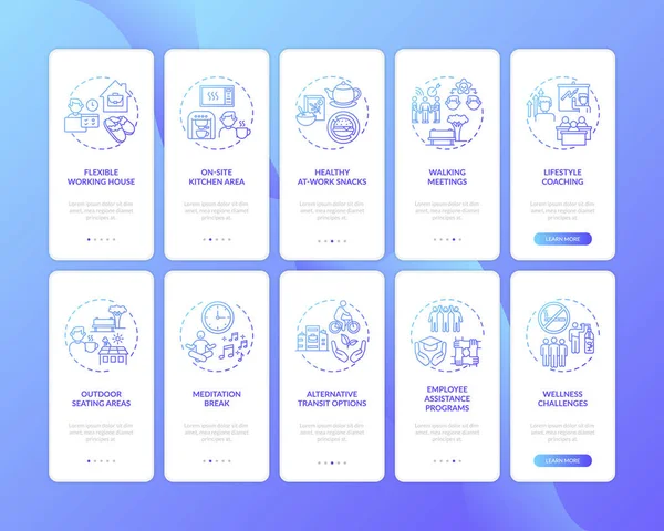 Workstation Wellness Onboarding Mobile App Seite Bildschirm Mit Konzepten Eingestellt — Stockvektor