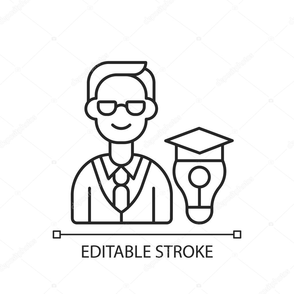 Educational management linear icon. Corporate trainers, educators. Employee growth support. Thin line customizable illustration. Contour symbol. Vector isolated outline drawing. Editable stroke