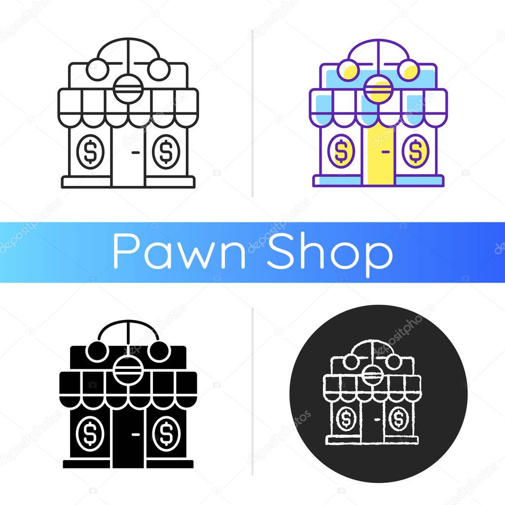 Pawnshop icon. Loaning money business. Collateral-based loans. Reselling retail items. Leaving personal property items. Linear black and RGB color styles. Isolated vector illustrations