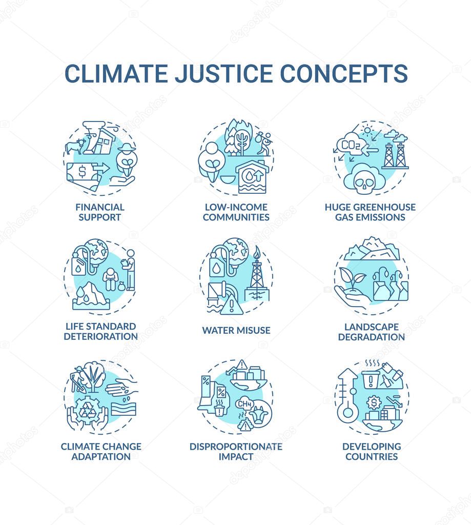 Climate justice concept icons set. Global warming reduce idea thin line RGB color illustrations. Global warming. Climate change. Vector isolated outline drawings. Editable stroke